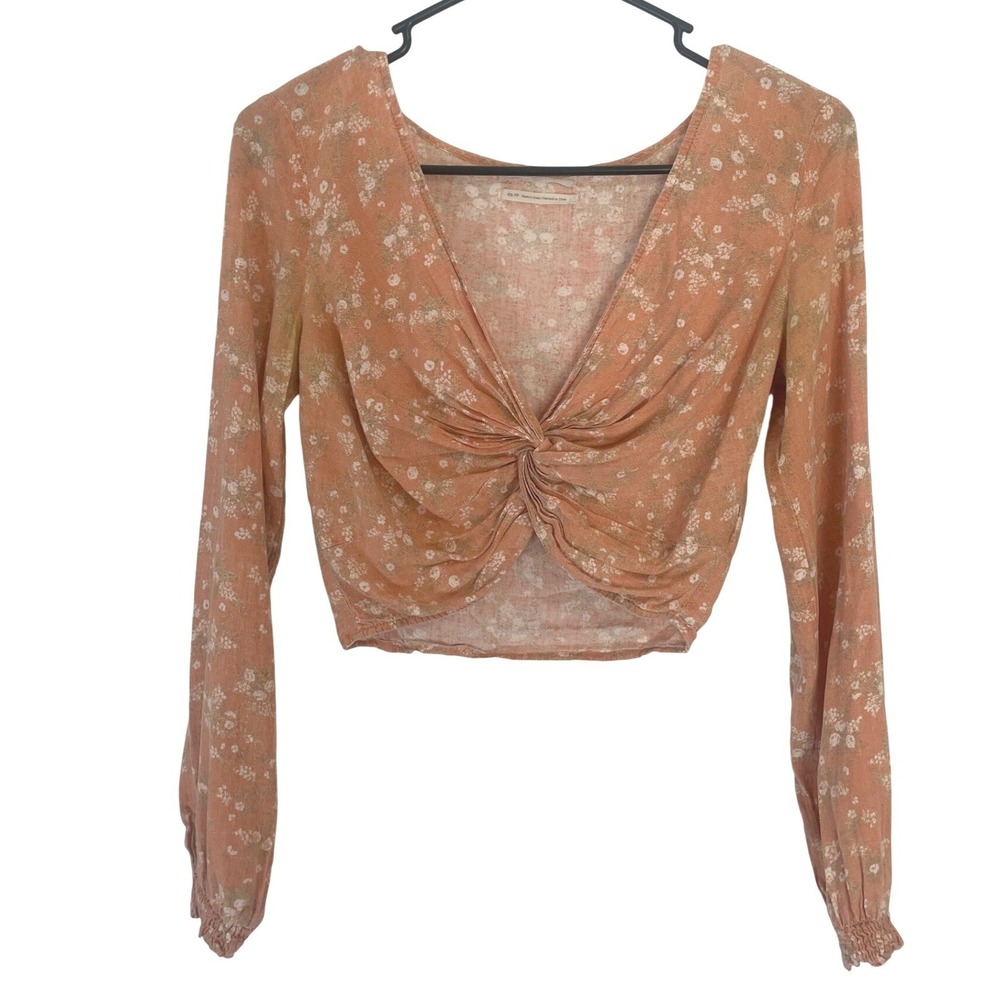 Urban Outfitters Women Crop Top Twist Front Floral XS Peach Boho‎ Cottagecore